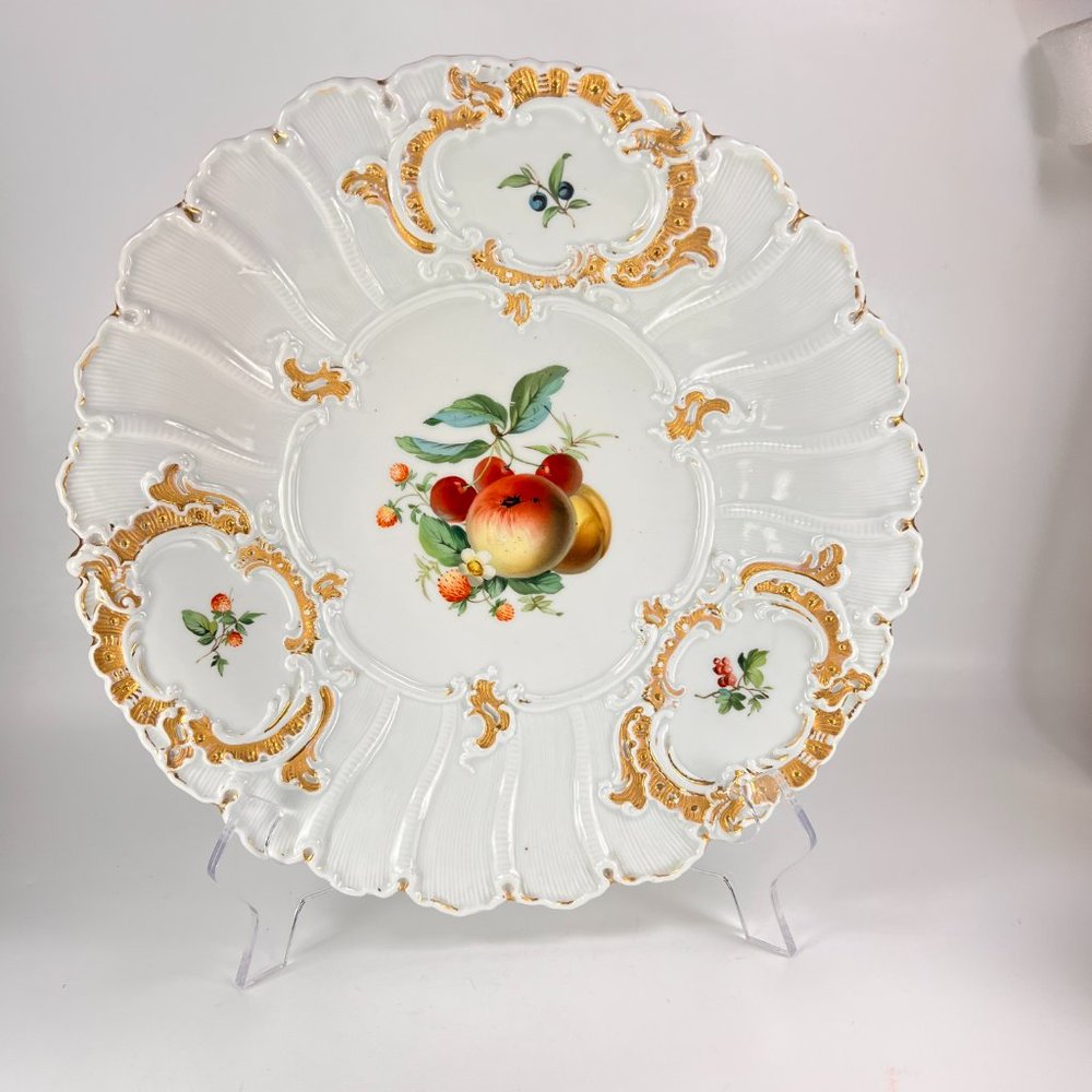Antique Meissen Porcelain Bowl Plate Molded Border Fruits Gold Motif Germany
